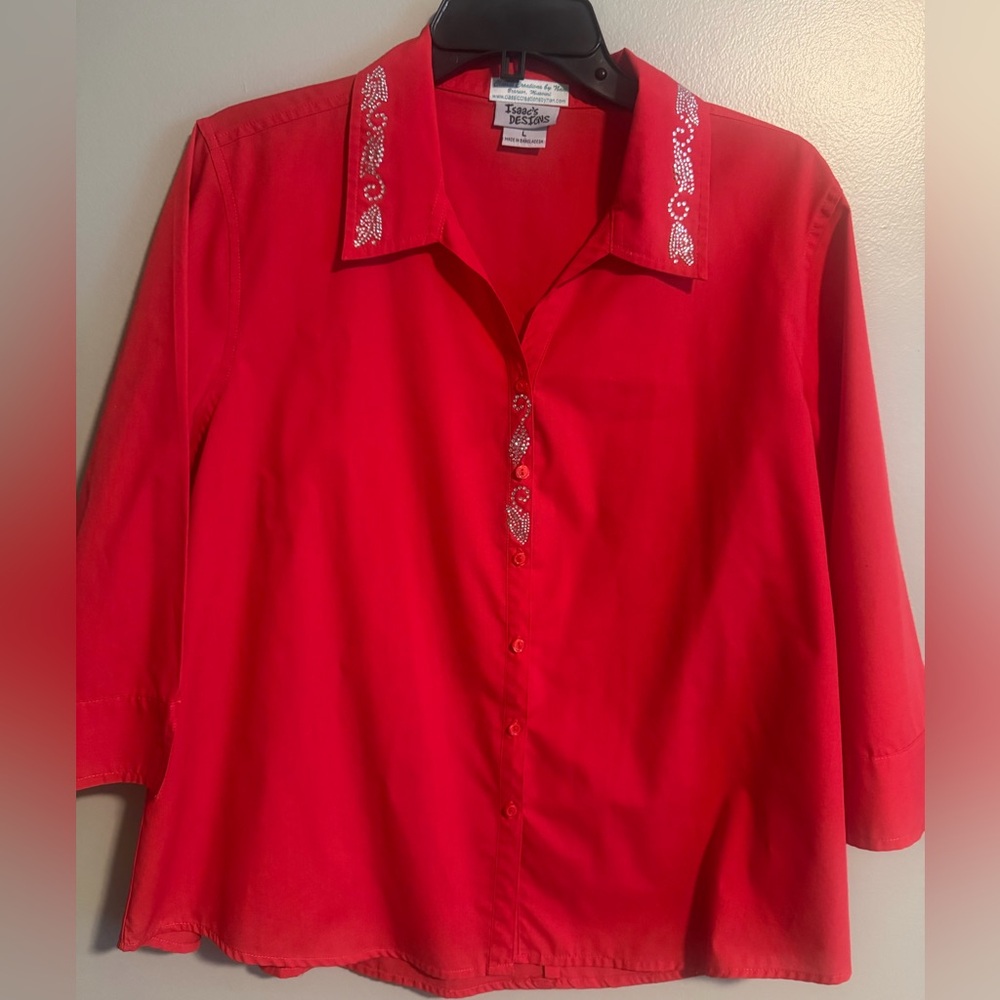 Isaac's Designs Red Embellished Rhinestone 3/4 sleeve button up blouse Sz L